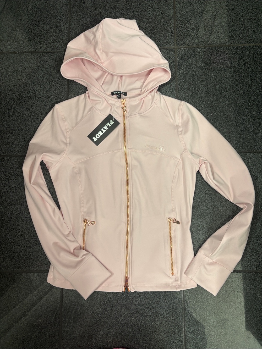 PLAYBOY Pale Pink Hooded Zip-Up Jacket with Gold Hardware